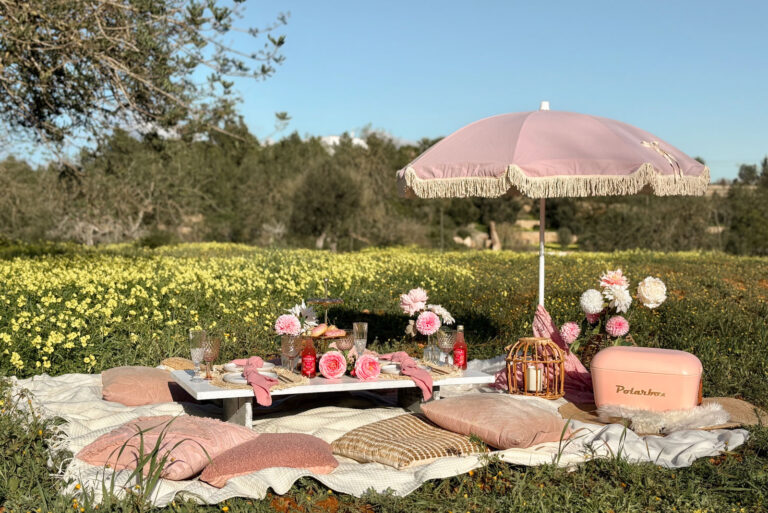 dreamy bridal picnic setup in Ibiza